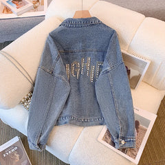 Hnewly Nail Bead Denim Jacket For Women's Spring Autumn 2025 New Style Loose Versatile Long Sleeved Turndown Collar Coat Top