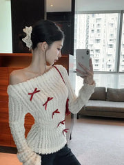 Hnewly Sweet Bow Knitted Pullover Women Off Shoulder Sexy Long Sleeve Sweaters Korean Style Kawaii Autumn Winter Pullovers