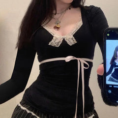 Hnewly Top y2k Women Clothes Lace Trim V Neck Long Sleeve T Shirt with Bow Decor 2000s Coquette Clothing Streetwear