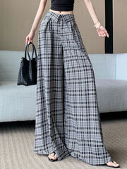 Hnewly Chic Plaid Wide Leg Pants Women Fashion Oversize Loose High Waist Straight Trousers Summer Korean Lady Elegant Korean Pant