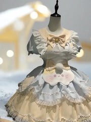 Hnewly Japanese Cute Sweet Lolita OP Dress Kawaii Bow Lace Ruffles Cat Apron Short Puff Sleeve Dress Set Summer Women Clothing
