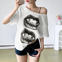 Hnewly Summer Chic Print Loose T-shirt Streetwear y2k Short Sleeve Off-shoulder T Shirt for Women Casual Basic Knit Tee Harajuku
