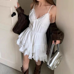 Hnewly White Lace Mini Dress Women Korean Sweet Sexy One Piece Sleeveless Coquette Aesthetic Elegant Party Short Dresses Y2k