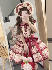 Hnewly Sweet Lolita Cute Skirt and Top 2-Piece Set Summer Japanese Girl's Bow Cherry Print Tea Party Split Dress for Women Outfits