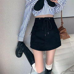 Hnewly Fashion Drawstring Solid Women's Denim Skirt Spicy Girl Summer Pocket Short Skirts Woman Y2K A-Line All-Match Mini Skirt Female