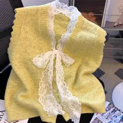 Hnewly Elegant Lace Bow Sweater Vest Women's 2025 New Spring Autumn Sleeveless V-neck Knitted Pullover Korean Version Versatile Top