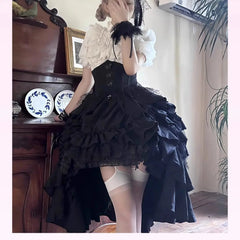 Hnewly Gothic Lolita Stand Collar Bubble Short Sleeved Lace Shirt High Waist Slim Irregular Multi-layer Midi Skirt Two-piece Set