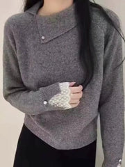 Hnewly Lace Splicing Sweater Women Spring Autumn Temperament Turndown Collar Grey Knitted Pullover Loose Long Sleeved Soft Warm Top