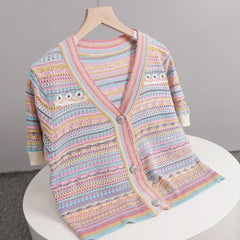 Hnewly Rainbow Striped Knitted Sweater For Women's 2025 Summer New Thin Short Sleeved V-neck Hollow Out Holiday Sun Protection Top
