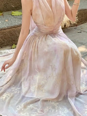 Hnewly Women's French Floral Print Halther Dresses Summer Elegant V-Neck Slim Lace-up Midi Dress Sexy Beach Holiday 2025 New Fashion