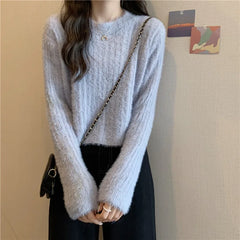 Hnewly Fuzzy Knit Top Women Pullover Long Sleeve Plain Crop Sweate Pink Fluffy Jumper for Women Teen-girl Fall Winter Y2K Outfit