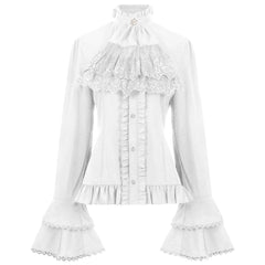 Hnewly Elegant French Style Solid Shirt for Women Stand Flare Long Sleeve Lace Embroidery Ruffles Bandage Top Gothic Vintage Blouse