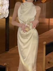 Hnewly Women Summer Halter Satin Midi Party Dress Sleeveless Bodycon Slim Casual Solid Birthday Vestidos Female One Pieces Fashion Robe