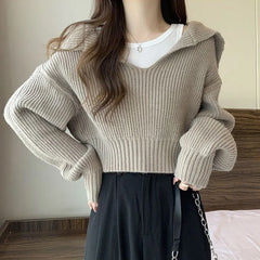 Hnewly Long Sleeve Cropped Sweater Women Autumn Winter Turn Down Collar Knitted Jumper Woman Korean Style Solid Color Jerseys