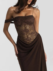 Hnewly Sexy Party Women's Dress Halter Sleeveless Backless Side Split Lace Solid Female Dresses Summer Evening Elegant Lady Robe