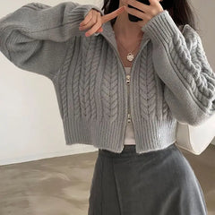 Hnewly Gray Cardigans Women Vintage Twist Crop Sweaters Autumn Zip-up Knitwear Outerwear Tender Korean Fashion Ladies Casual Streetwear