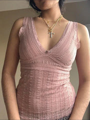 Hnewly Pink Sweet Slim Sleeveless V Neck Cute Y2K Lace Vest Top Women 2000s Kawaii Clothes