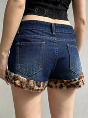 Hnewly Retro Leopard Print Patchwork Shorts Y2k Streetwear Slim Jean Pants Low Rise Buttons Fashion Short Pants New Trousers