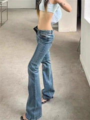 Hnewly Women's Retro Washed Low Waisted Micro Flared Jeans Summer New Chic Casual Slim Pants Female Sexy Denim Bell-bottoms Trousers