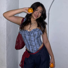 Hnewly Fashion Ruffled Plaid Print Halter Tank Top and Loose Applique Wide Leg Pant Y2K Summer Casual Streetwear 2 Pieces Set