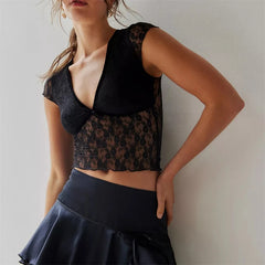 Hnewly Sheer Crop Top 2000s Women Sexy See Through V Neck Sleeveless Floral Lace Tanks Slim Fit Vest y2k Aesthetic Clothing
