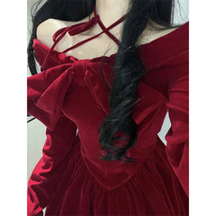 Hnewly Vintage Bow Mini Dress Women Y2K Sexy Slash Neck Red Velvet Dresses Winter Kawaii Christmas Party Bodycon A Line Vestidos
