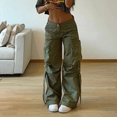 Hnewly Streetwear Basic Buckle Cargo Pants Women Solid Straight Leg Big Pockets Baggy Trousers All-Match Y2K Sweatpants Chic