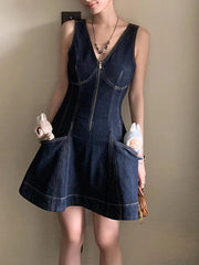 Hnewly French Vintage Elegant Denim Mini Dress Summer Sleeveless for Woman High Waist Pleated Dresses Spring V Neck Party Dress