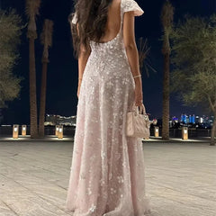 Lunivop Elegant Lace Appliqued Prom Dress Customized Square Neck Short Sleeves A Line Shining Evening Gowns Floor Length Prom Gowns