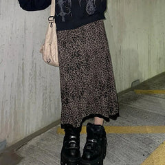 Hnewly Harajuku Leopard Print Midi Skirt Vintage y2k Lace PAtchwork Low Rise Long Skirts for Women Autumn All-match Skirt Ladies