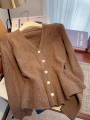 Hnewly Solid V-neck Cardigan Sweater Women Autumn/Winter French Style Puff sleeve Coat Hold The Waist Fishtail knitted Short Top