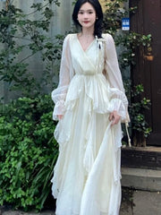 Hnewly French Fairycon Ruffles Dresses For Women's 2025 New Summer Fashion V-Neck White Long Puff Sleeve Dress Holiday Beach Vestiods
