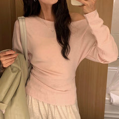Hnewly Off The Shoulder Knit Top Pullover Women Lightweight Thin Long Sleeve Plain Jumper Knitwear Autumn Winter Y2K Outfit