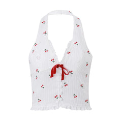 Hnewly Sleeveless Printed Halterneck V-neck Crop Top Backless Cherry Print Bow Slim Fit Crop Top
