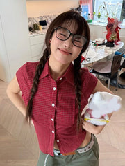 Hnewly Pure Cotton Red Plaid Shirt Women Slim Sexy Cropped Short Sleeve Y2K Blouse Vintage American Streetwear Female Summer Tops