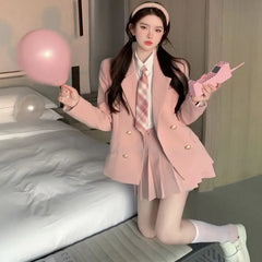 Hnewly 2025 Autumn New Japanese Korean Style Women Pink Jk Uniform Set Girl College Style School Suit Short Coat Pleated Skirt Set