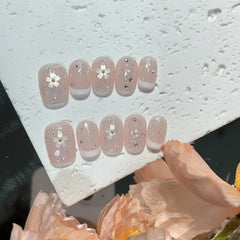 Hnewly 10pcs Mini Flower Fake Nails Short Square Press on Nails Glitter Cat Eye False Nails Full Cover Sweet Cute Manicure Nail Art Tip