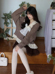 Hnewly BACK TO SCHOOL OUTFIT Kawaii Ruffles Knitted Cardigan Women Winter Bow Japanese Lace Warm Sweet Sweater Female Single-breasted Korean Casual Tops