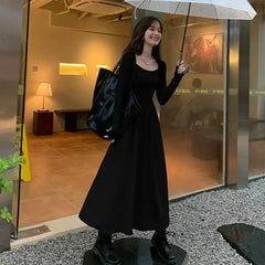 Hnewly Vintage Square Collar Maxi Wedding Dresses for Women Clothing Party Office Lady Casual Black Pockets Bodycon Midi Dress Autumn