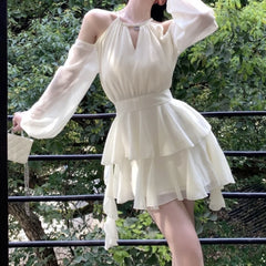Hnewly Elegant Chiffon Dresses for Women Fairycore Casual White Dress Sweet Korean Fashion Off Shoulder Summer Mini Dress Slim