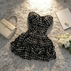 Hnewly Summer Plaid Halter Dress Women's Small Waist Cinching Design Elegant Slimming Short Skirt Korean Style High Waist A-Line Skirt