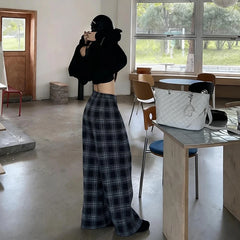 Hnewly Summer Women's Baggy Pants, Fashion Black Plaid Casual Pants Loose Elastic Waist Pocket Style Street Hip Hop Wide Pants