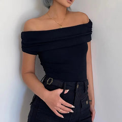 Hnewly Black Off Shoulder Elegant Short Tops Side Pleated Fashion Slim Sexy Cropped T Shirt Women Summer Y2k Clothing Skinny Top