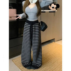 Hnewly Harajuku Fashion Stripe Wide Leg Trousers Vintage Grunge Loose Knitted Casual Pants Y2k Aesthetic Women Straight Long Pants