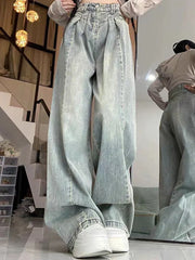 Hnewly Women Korean Pleated Jeans Girls High Waist Washed Wide Leg Pants Lady Fashion Loose Retro Blue Light Blue Denim Trousers
