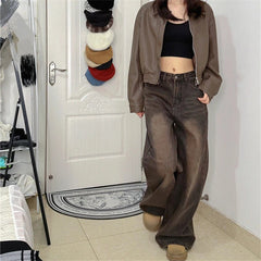 Hnewly Women's Vintage Brown High Waisted Jeans Street Style Girl Wide Leg Bottoms Loose Pants Female Fashion Denim Trousers