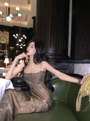 Hnewly Elegant Vintage Midi Dress Women Sleeveless Strap Dress Even Party 2000s Y2k Clothing Korean Fashion Beach Style Bodycon Sexy