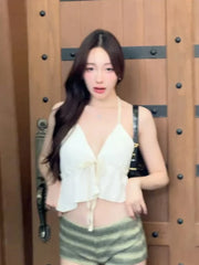 Hnewly Sweet Ruffles Lace-Up Camisole Halter v-Neck Fungus Edge Splits Backless Sleeveless Summer Trend Versatile Mini Tops