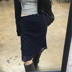 Hnewly Elegant Mesh Striped Print Midi Skirt Cute Bow Stitching Low Rise Straight Skirts for Women Vintage 2000s Clothing Summer