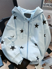 Hnewly Stars Print Hoodies Women Vintage Streetwear Long Sleeve Loos Blue Sweatshirts Casual Pockets Lace Up American Fall Tops